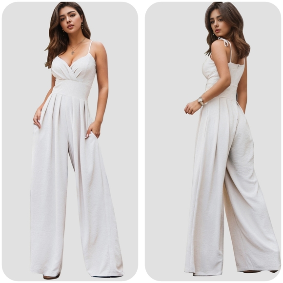 White Spaghetti Strap Wide Leg Jumpsuit - Picture 4 of 5